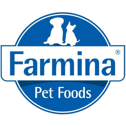 Logotio de la marca Farmina  de alimentación para perros y gatos en la sección la tienda de la clínica veterinaria El Jardín