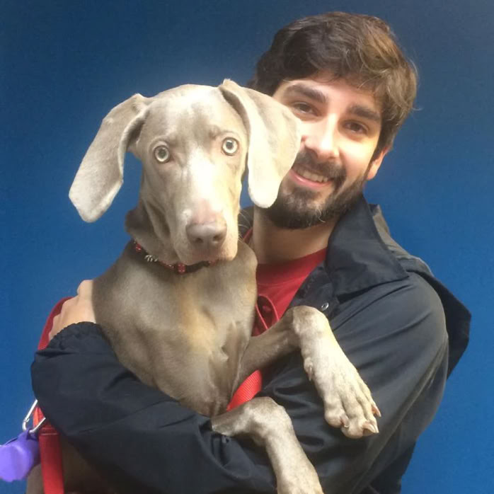 Chico con un perro braco weimar en brazos en la clínica veterinaria El Jardín.