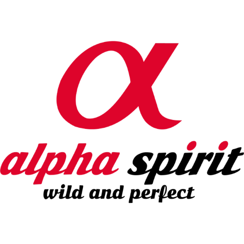 Logotio de la marca  alpha spirit  de alimentación para perros y gatos en la sección la tienda de la clínica veterinaria El Jardín