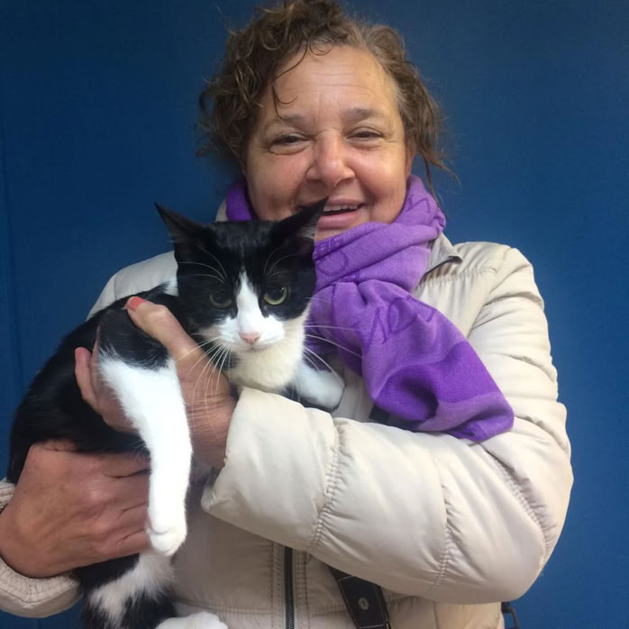 Señora con un gato común europeo negro y blanco en brazos en la clínica veterinaria El Jardín.